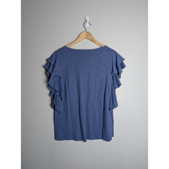 NWOT Belle Kim Gravel Slub Knit Double Ruffle V-Neck Top Indigo Sz M 229 - Picture 3 of 8